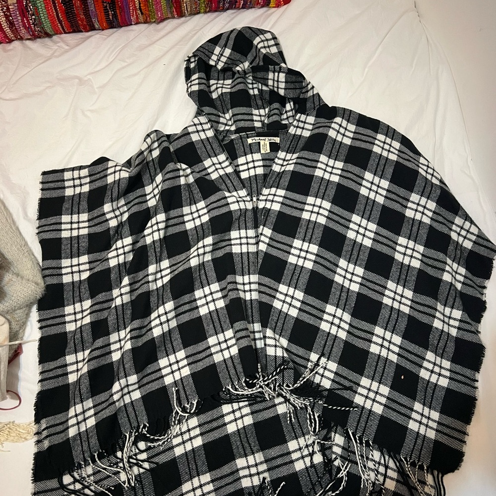 Black and White Plaid Hooded Poncho